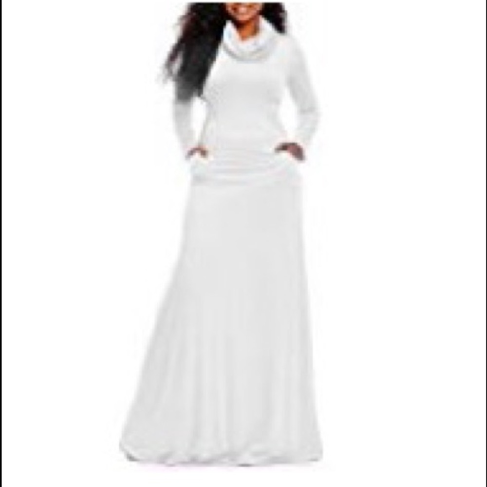 White Cowl Neck Maxi Dress with Long Sleeves